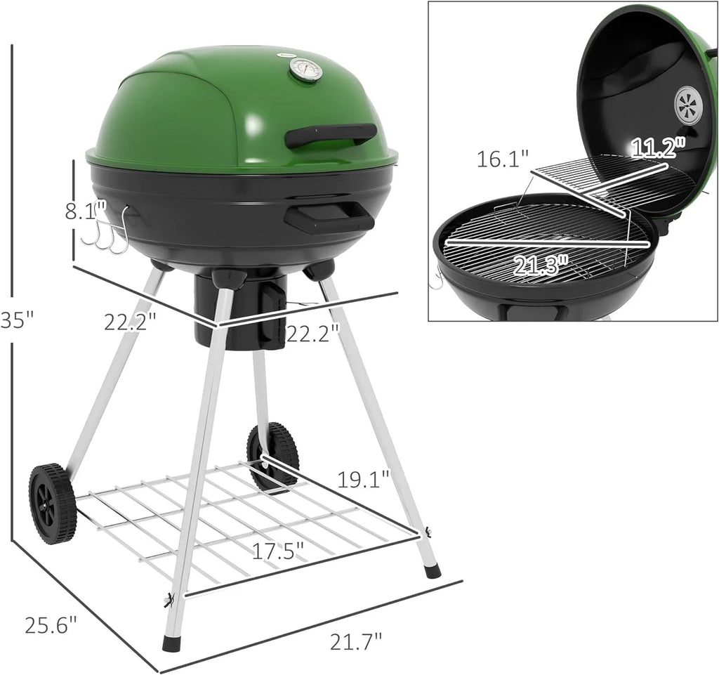 21" Kettle Charcoal BBQ Grill Trolley with 360 sq.in. Cooking Area; Outdoor Barbecue with Shelf; Wheels; Ash Catcher and Built-in Thermometer for Patio; Backyard Party; Green