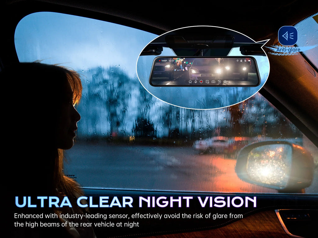 Pelsee P12 2.5K Mirror Dash Cam; 12'' 1440P QHD Front and Rear View Mirror Camera; Dual Dash Cam for Cars and Trucks; Night Vision; Voice Control; Parking Assistance; Reversing Assistance