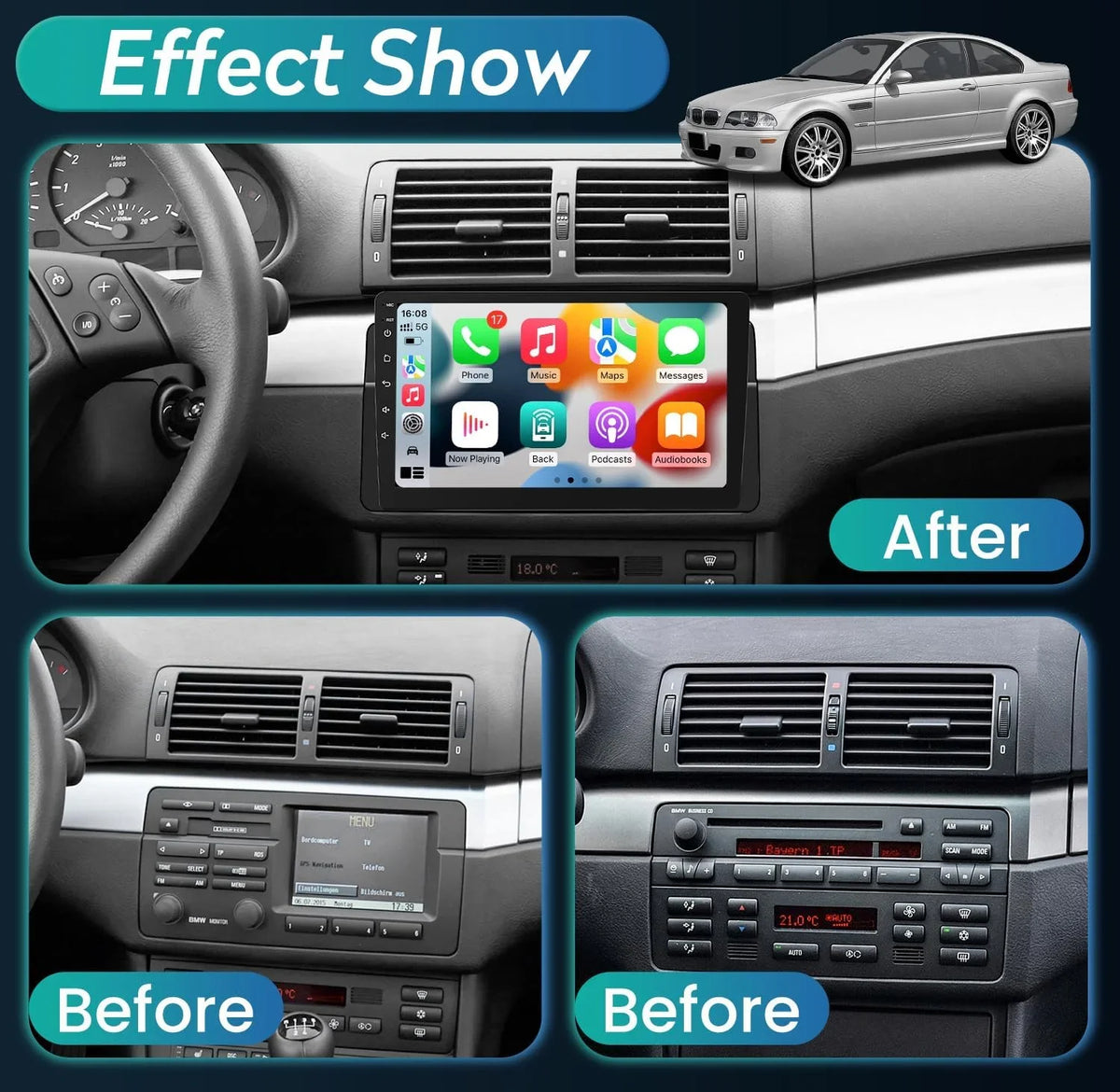 THONZER 8 Core Radio Upgrade Android 11 Car Stereo for BMW 3 Series 1999-2005; 9 foot 1280*800 HD Touchscreen Support CarPlay & Android Auto 5G WiFi Bluetooth5.0 GPS FM SWC AHD Backup Camera(4G+32GB)