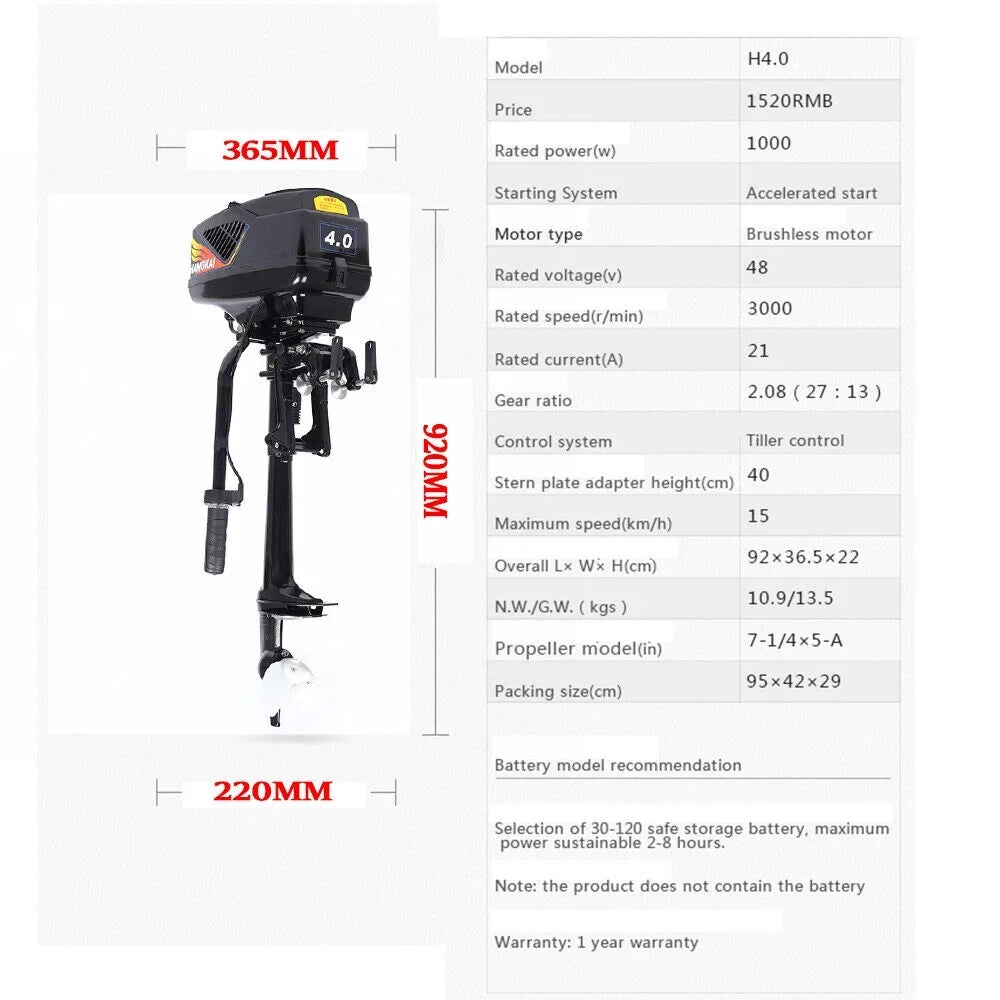 Miumaeov Outboard Motor Current-activated Boat Engine 4HP 48V 1000W Heavy Duty Outboard Fishing Boat Motor Engine Outboard CDI Mount Current-activated Outboard Motor for Inflatable Boats Fishing Boats