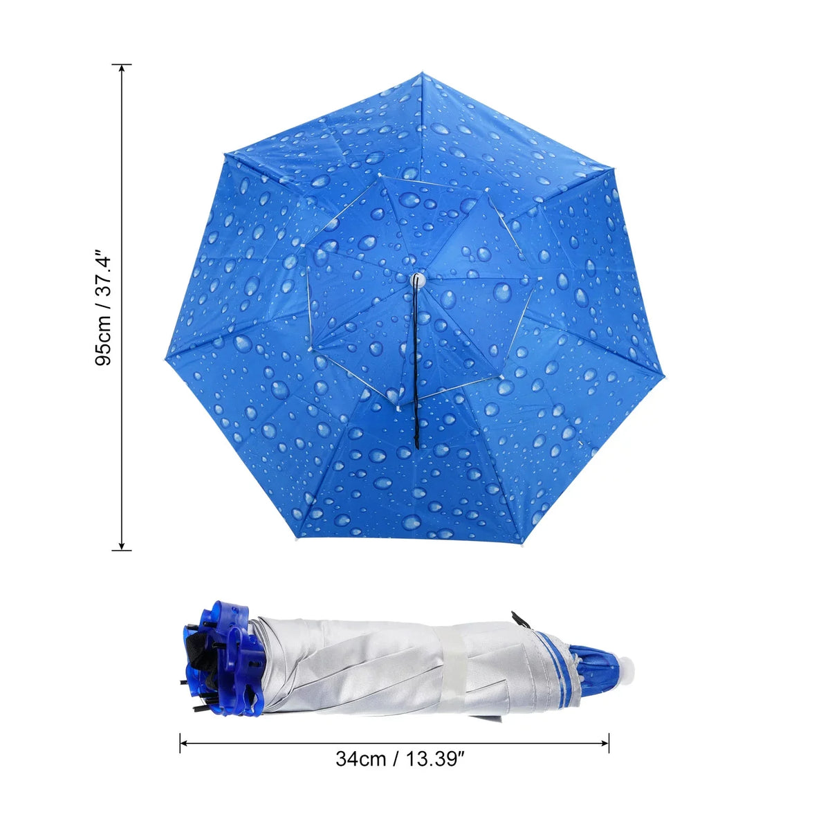 Uxcell OD 37.4" Umbrella Hat; Oxford Fabric Folding Double Layer Sun Rain Cap with Head Strip; Blue