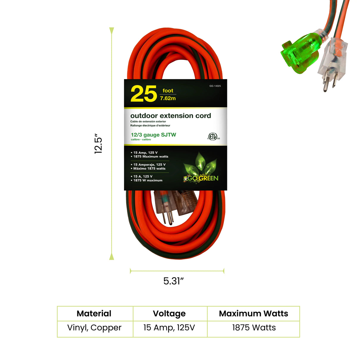 GoGreen Power (GG-14025) 12/3 25’ SJTW Outdoor Extension Cord; Lighted End; 25 Ft
