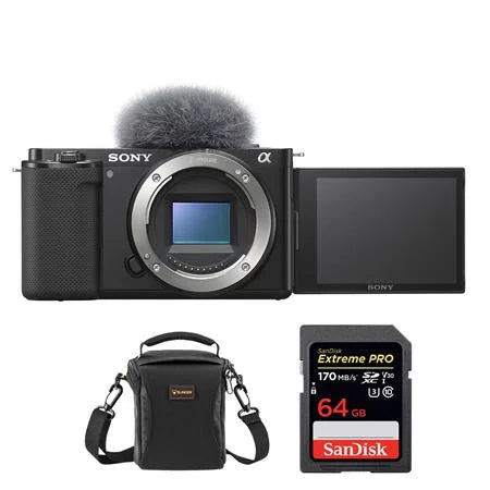ZV-E10 Mirrorless Camera Body; Black Bundle with; 64GB SD Memory Card; Shoulder Bag
