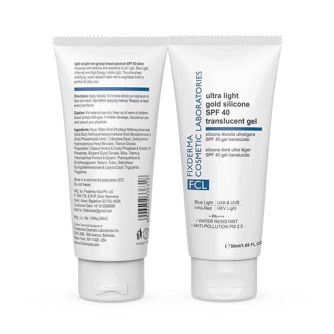 FIXDERMA COSMETIC LABORATORIES Ultra Light Gold Silicone SPF 40 Translucent Gel | Moisturizer for Acne Prone Skin | Sunscreen for Body & Face | Sun Screen Prote
