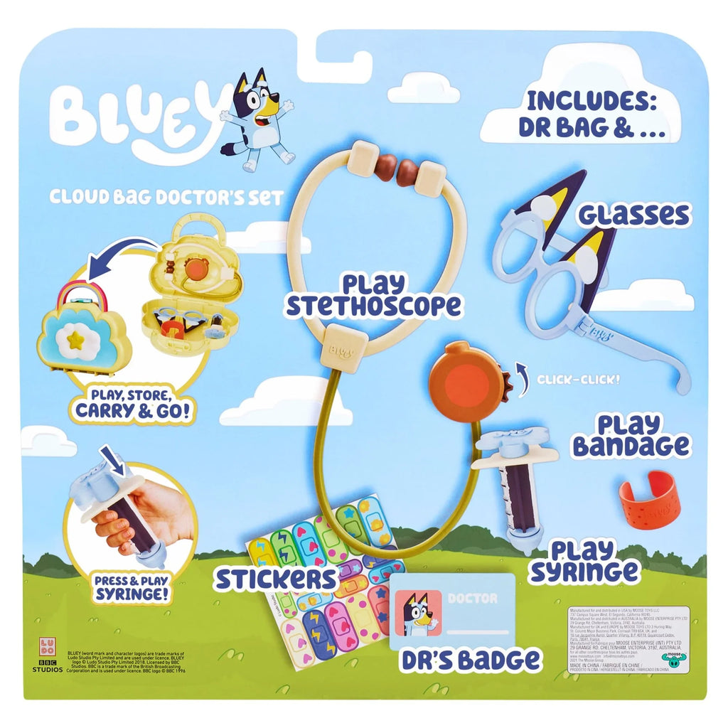 Bluey Cloud Bag Doctor's Set; Doctor Check Up Set; Toy Doctor's Playset with 7 Play Pieces; Stethoscope; Syringe; toy Bandage; Stickers; and more ; Preschool; Toys for Kids; Ages 3+