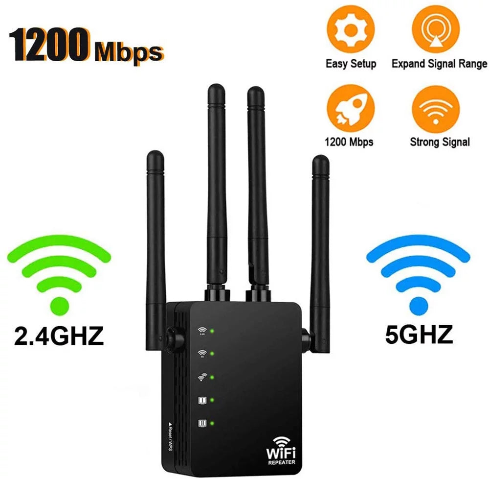 "Happyline" WiFi Range Extender 1200Mbps WiFi Repeater Wireless Signal Booster; 2.4 & 5GHz Dual Band WiFi Extender with Gigabit Ethernet Port; Extend WiFi Signal to Smart Home & Alexa Devices