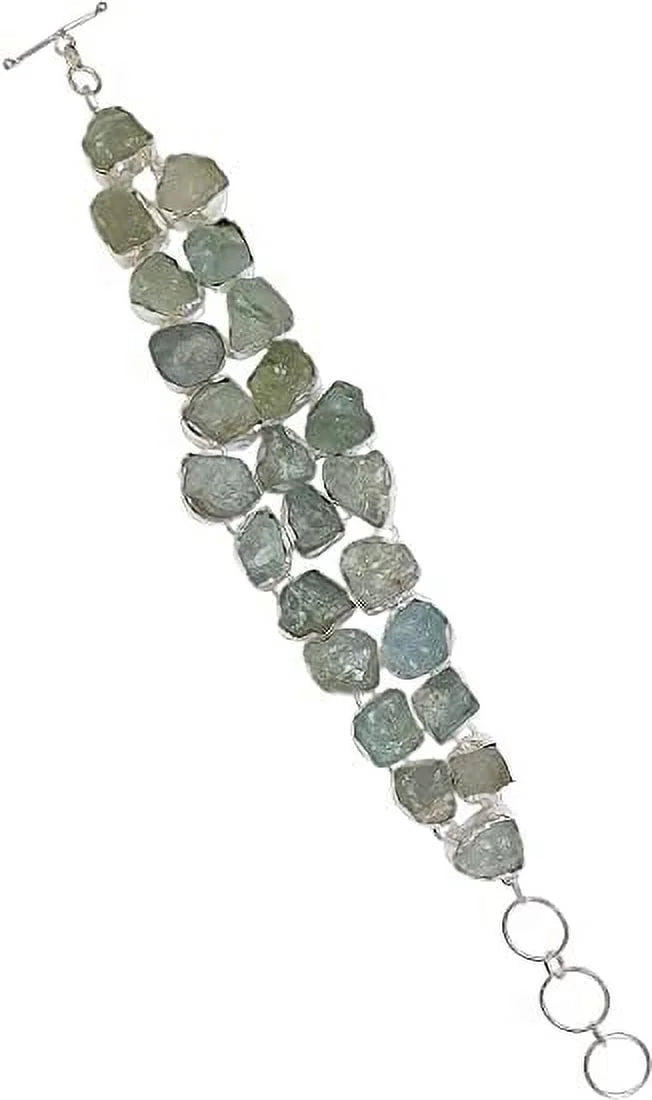 Aquamarine Gemstone for Women; Silver Plated Handmade Flower Design Fashion Jewllery; Gift Party Boho Designer Chain Bracelet; 9" Length