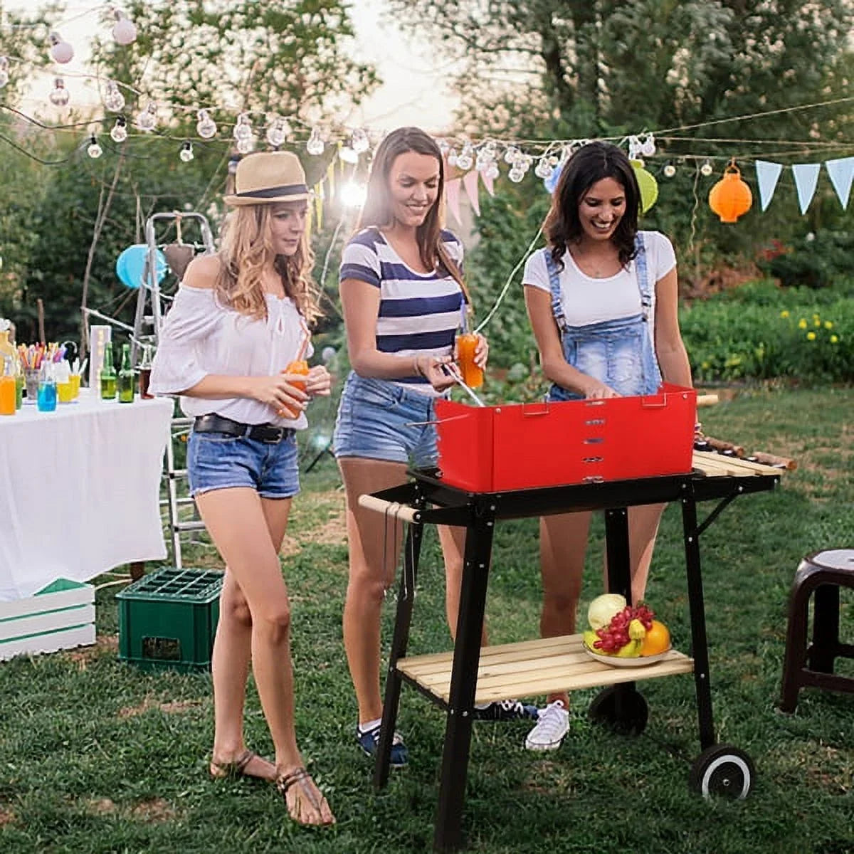 27 foot Portable Charcoal Grill with Wheels for Outdoor Cooking Barbecue Camping BBQ Coal Grill Heavy Duty Square for Small Patio Backyard
