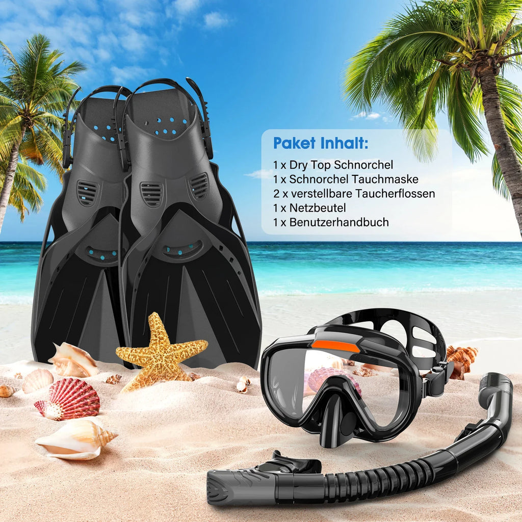 Snorkeling Gear for Adults Men Women;4 in 1 Snorkel Set with Panoramic View Diving Mask Anti-Fog Anti-Leak;Dry Top Snorkel;Fins and Travel Bag for Swimming;Snorkeling and Travel Diving