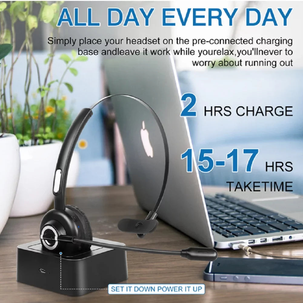 Comfortable Bluetooth Headset; UX-M97 Wireless Headset with Microphone; Wireless Cell Phone Headset with Noise Isolation Mic Charging Base Mute Function for 20 lite With Charging Dock