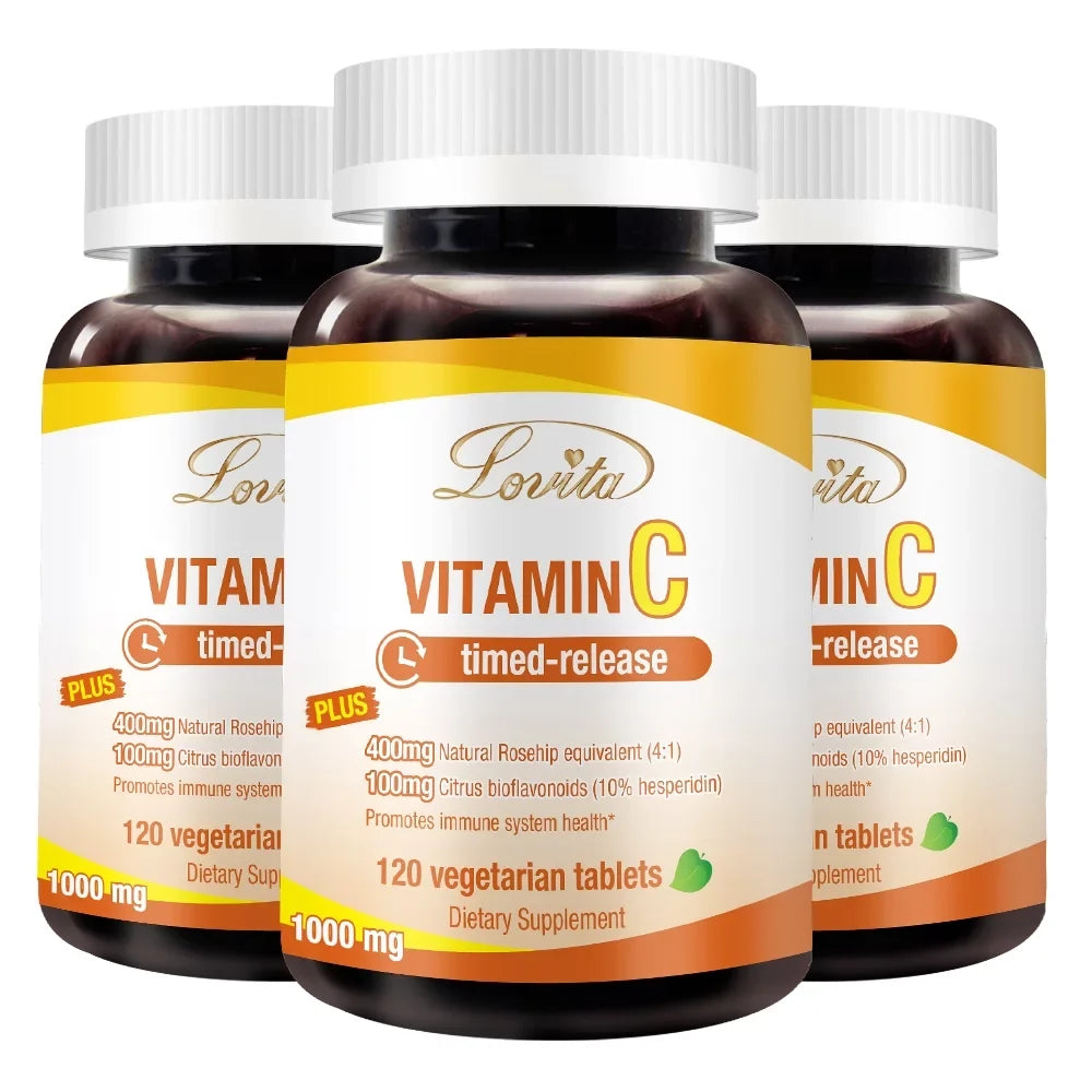 Lovita Vitamin C 1000mg with Bioflavonoids & Rose Hips; Timed Release Vitamin C; High Potency Vitamin C to Boost Healthy Immune Function; 120 Vegetarian Tablets for 4 Month Supply (Pack of 3)