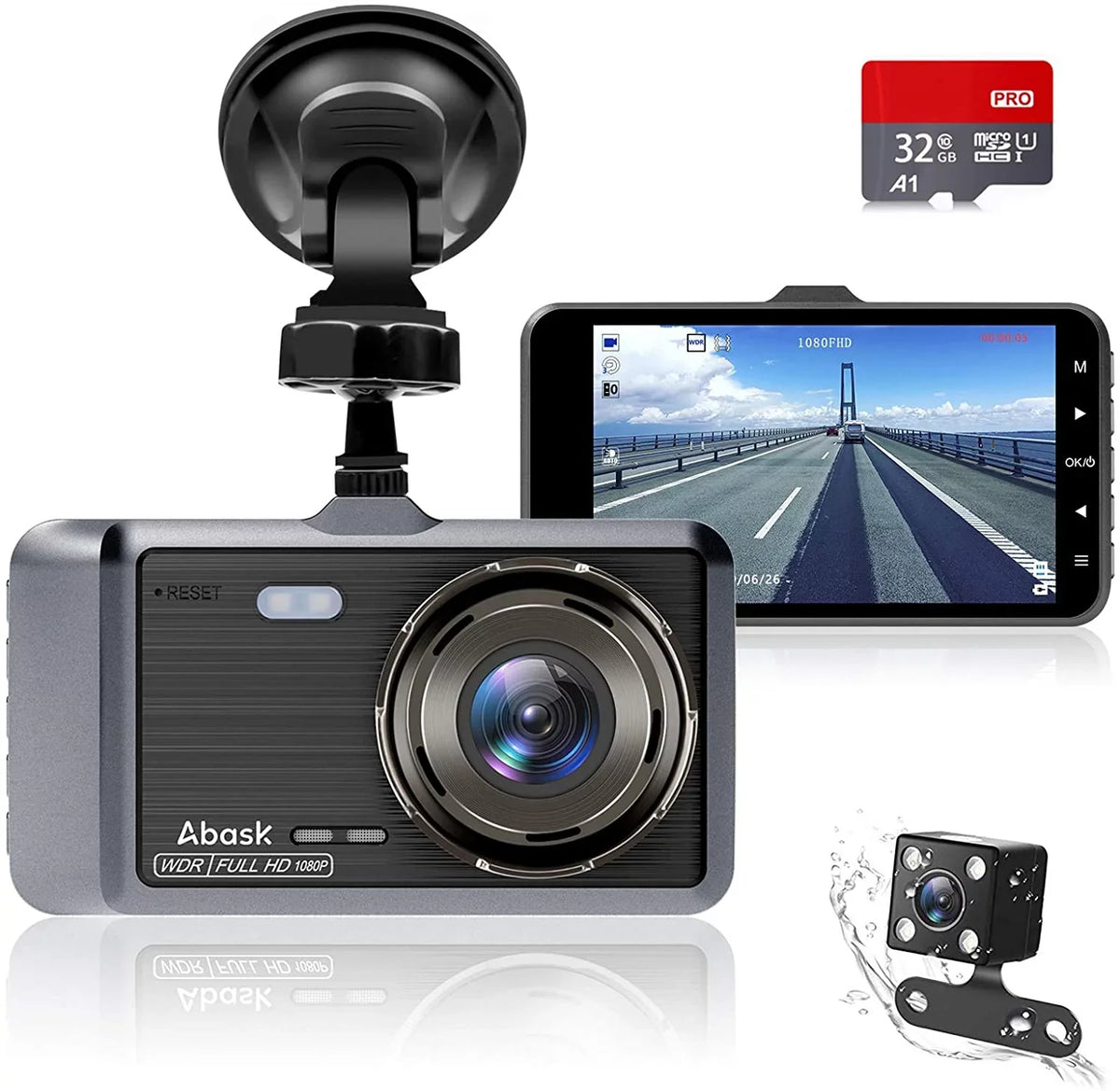 ABASK Q40S Dashcam Front and Rear 1080P FHD - 170° Wide Angle - 4 inch Screen - Reverse Parking Assistance; G-Sensor; Loop Recording; Parking Monitor; Motion Detection; WDR - With 32GB Card