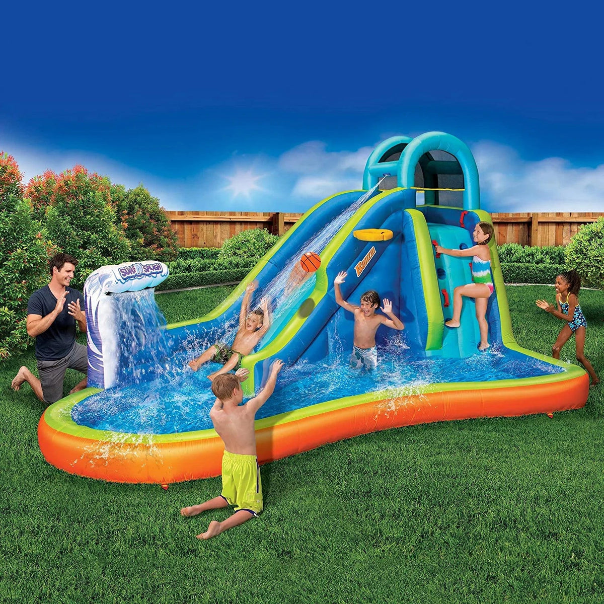 Inflatable Giant Slide - Huge Kids Pool (14 Feet Long by 8 Feet High) with Built in Sprinkler Wave and Basketball Hoop - Heavy Duty Outdoor Surf N Splash Adventure Park - Blower Included