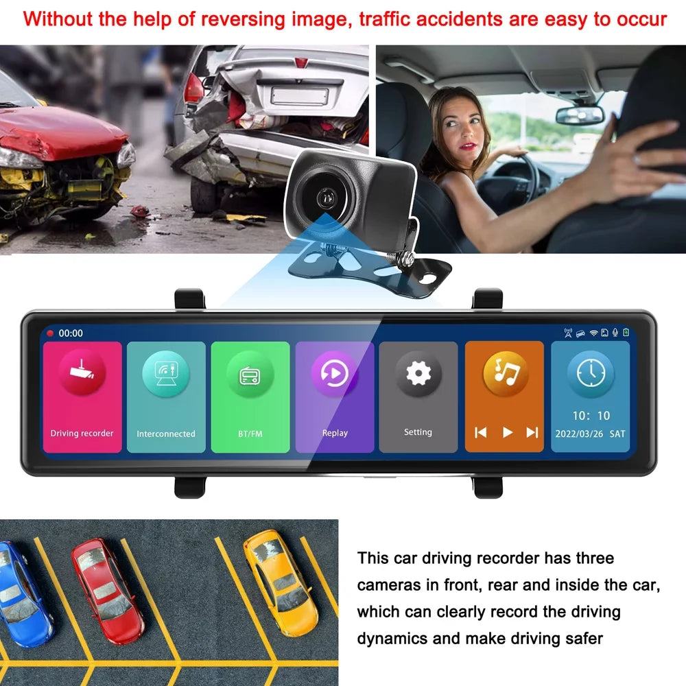 Andoer Dash Camera;3 Cameras Dash Cam Mirror Bt Car Touched Screen Bt Car Video 2.5k Clear Car 12in 2.5k Clear Car Camera Car Rearview Mirror Cam 12in 2.5k Rearview Mirror Bt Screen 2.5k Car