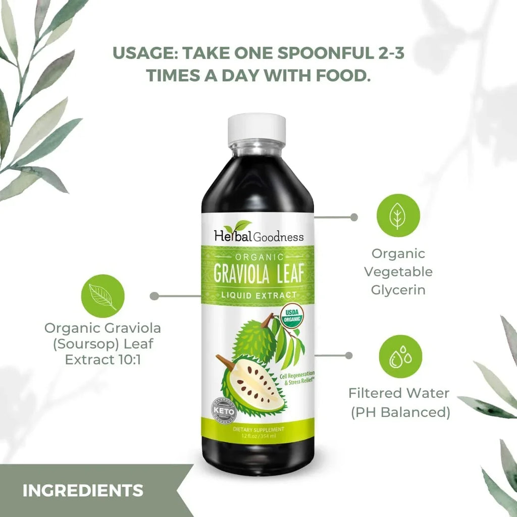 Graviola Leaf Extract Liquid - Soursop (Guanabana) Leaves Ð USDA Organic; Non GMO; Kosher Ð Cell Support & Regeneration & Stress Relief - Immune Boost Ð - 12oz Bottle