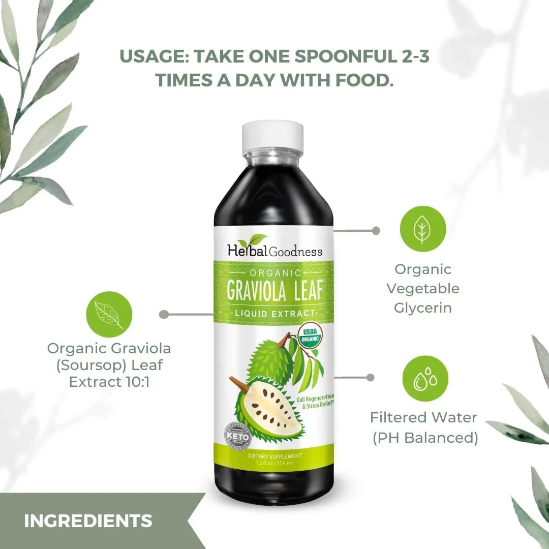 Graviola Leaf Extract Liquid - Soursop (Guanabana) Leaves Ð USDA Organic; Non GMO; Kosher Ð Cell Support & Regeneration & Stress Relief - Immune Boost Ð - 12oz Bottle