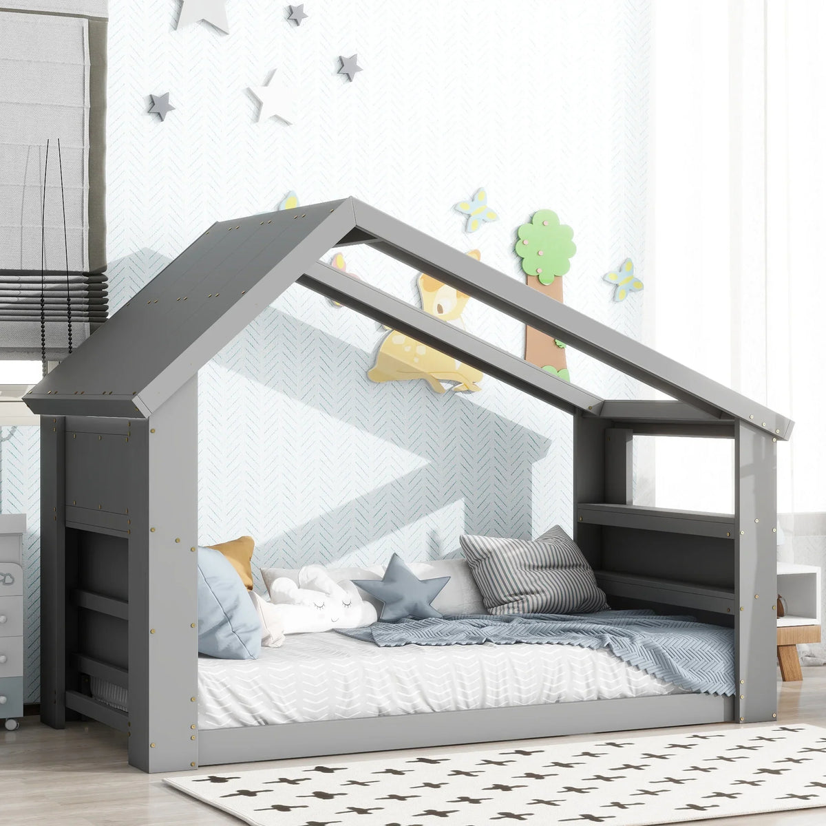 Twin House Floor Bed with Roof Window; LED Light;Gray