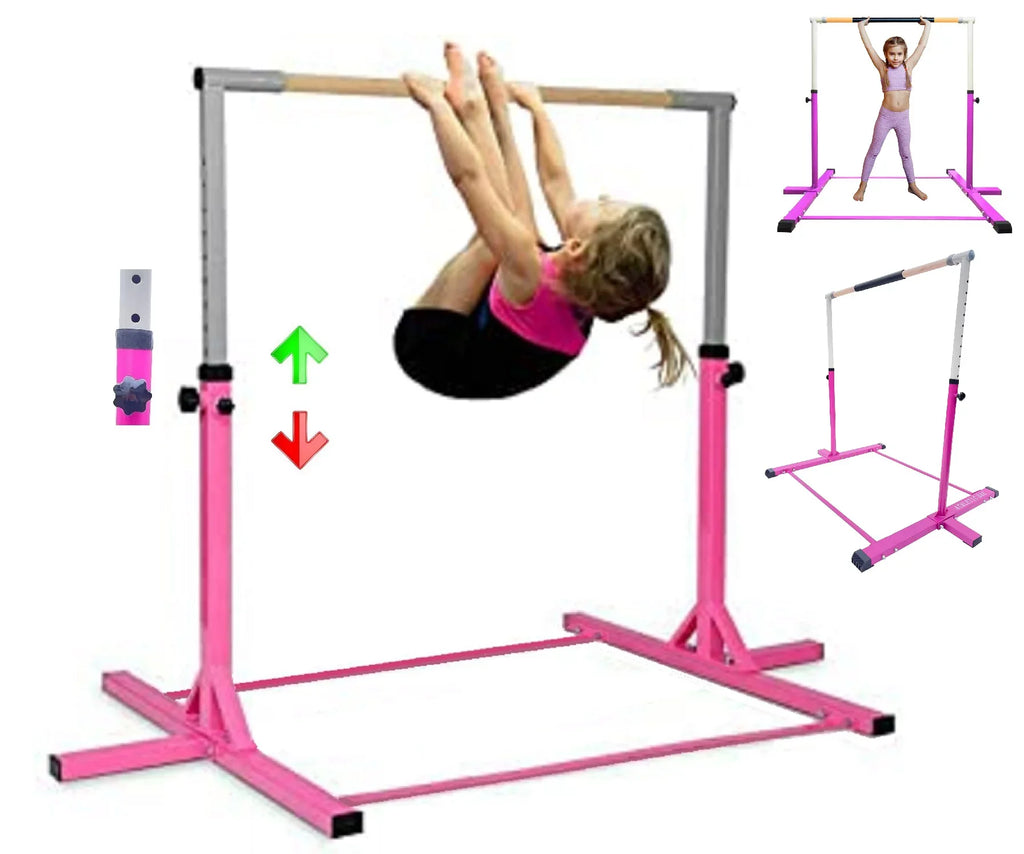 Iron Form Gymnastics Bar Horizontal Kip Bar for Gymnasts Junior Training Expandable Height; Heavy Duty Jungle Gym Exercise Bar for Children and Adults; Adjustable Height 3 to 5 FT Gymnastic Bar; PINK