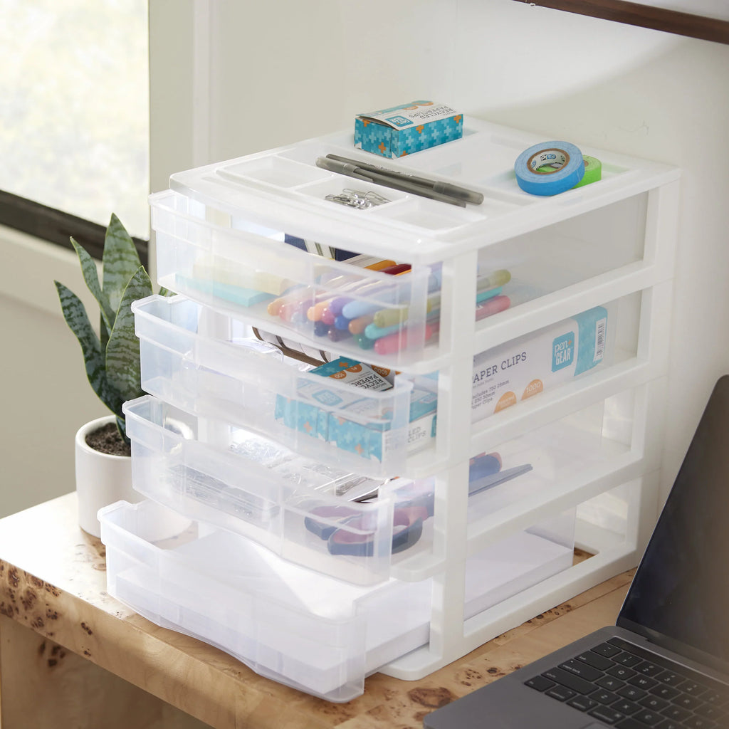 Gracious Living 4 Drawer Desktop Storage w/ Organizer Lid; White (4 Pack)