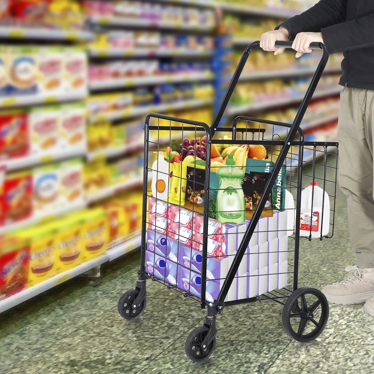 ZENY Folding Utility Shopping Cart with Double Basket and Wheels for Grocery Laundry Book Luggage Travel; Black