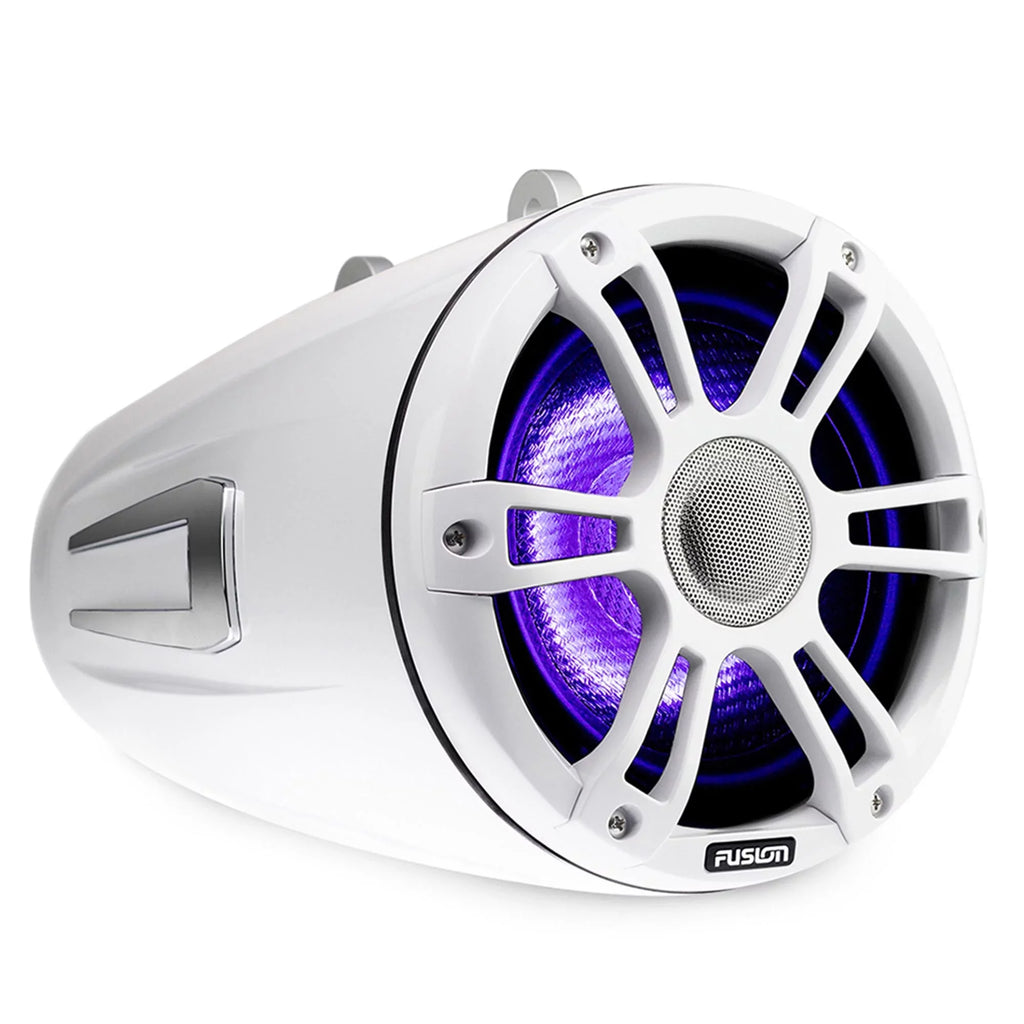 Fusion SG-FLT772SPW 7.7'' Sports White Tower Speaker with Swivel Clamps and SG-DA41400 4-Channel Amplifier