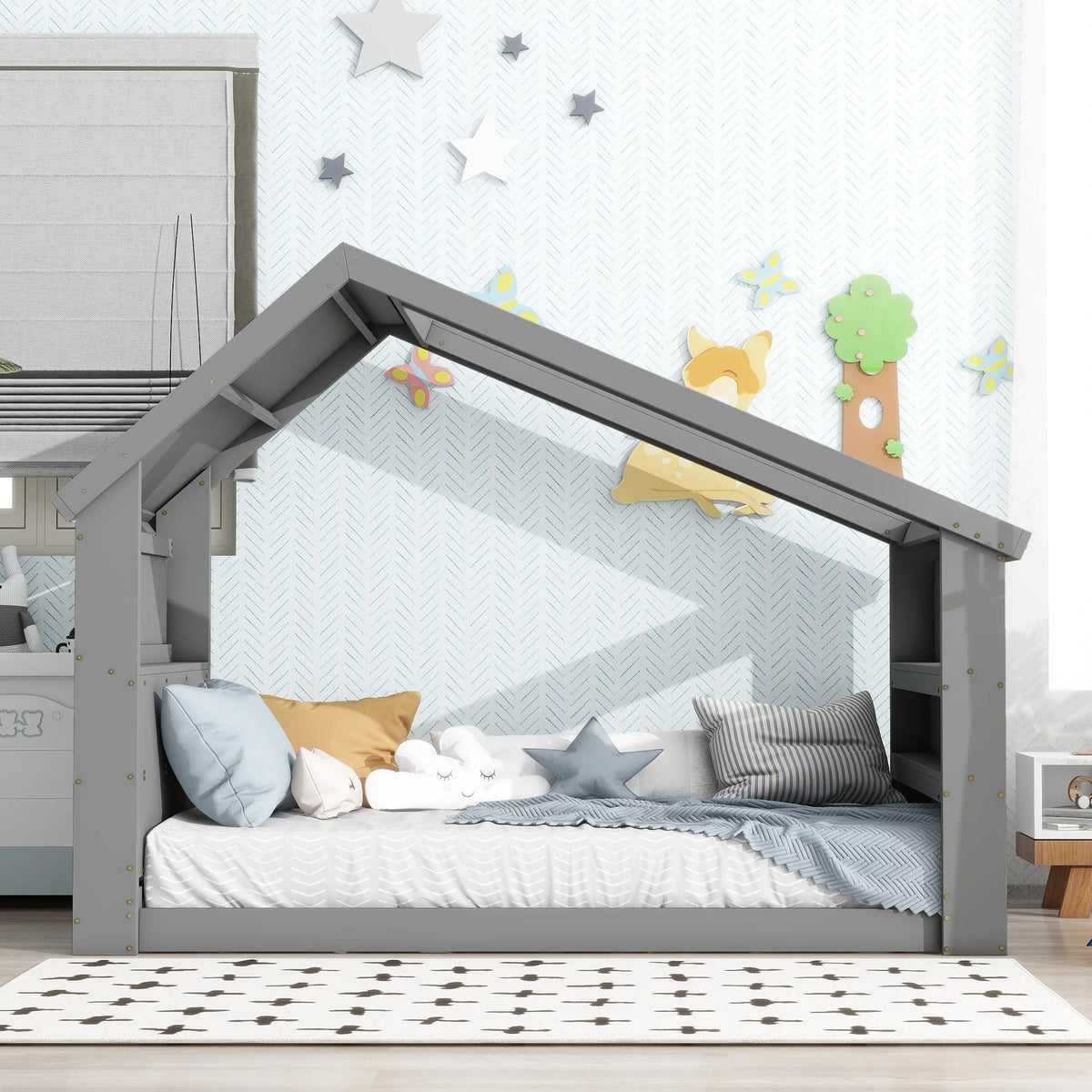 Twin House Floor Bed with Roof Window; LED Light;Gray