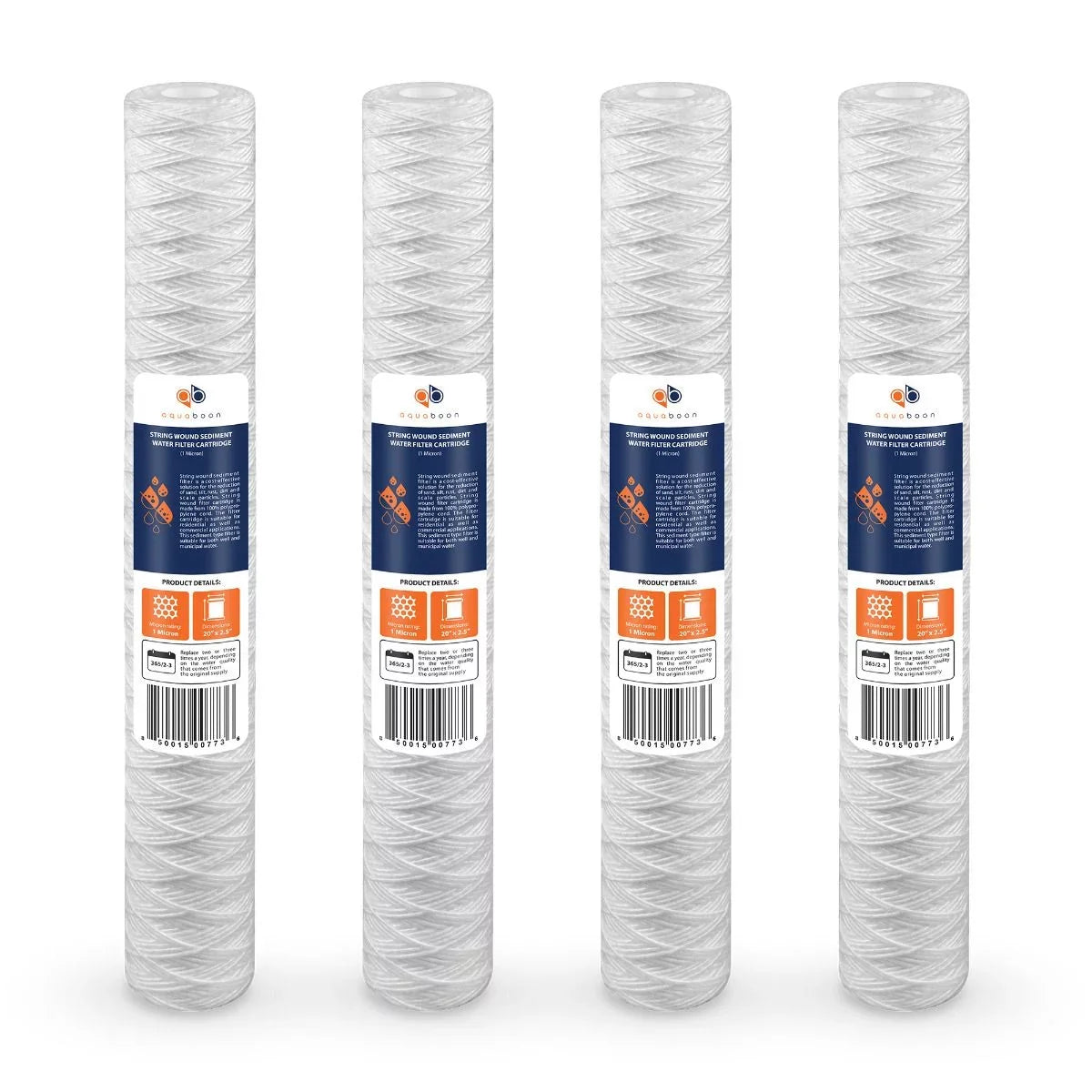 Aquaboon 1 Micron 20" x 2.5" String Wound Sediment Filter Cartridge | Universal Replacement for Any 20 inch RO Unit | Compatible with 101-230; PD-5-20; AP110-2C; P5-20; CFS124-C20; 4-Pack