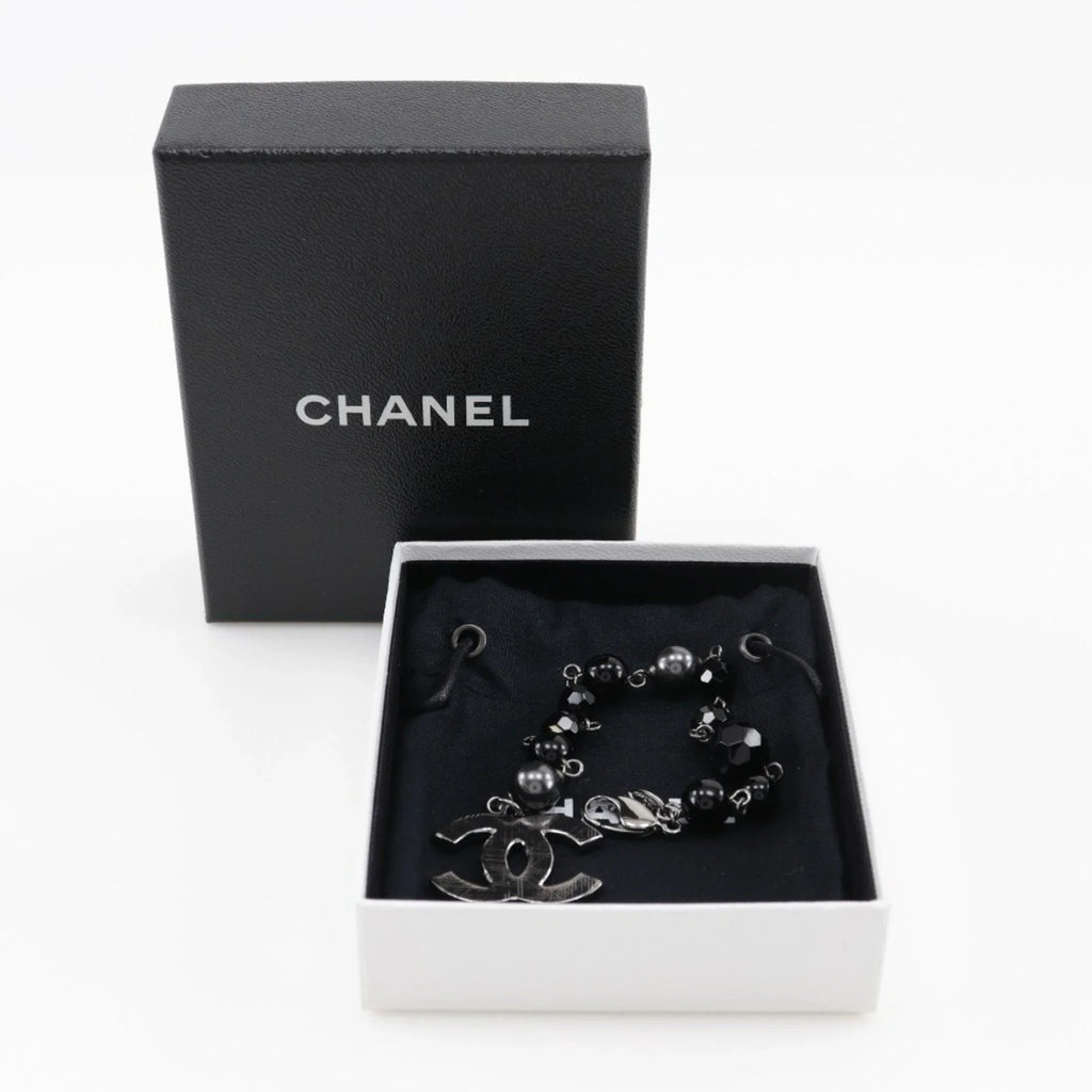 Pre-Owned CHANEL Chanel Coco Mark Bracelet Metal x Fake Pearl Plastic Silver/Black 09V Women's (Good)