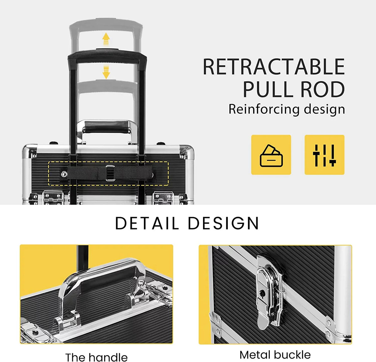 VIVOHOME 4 in 1 Makeup Rolling Train Case Aluminum Trolley Professional Cosmetic Organizer Box with Shoulder Straps 2 Keys Black(Cosmetic are not included)