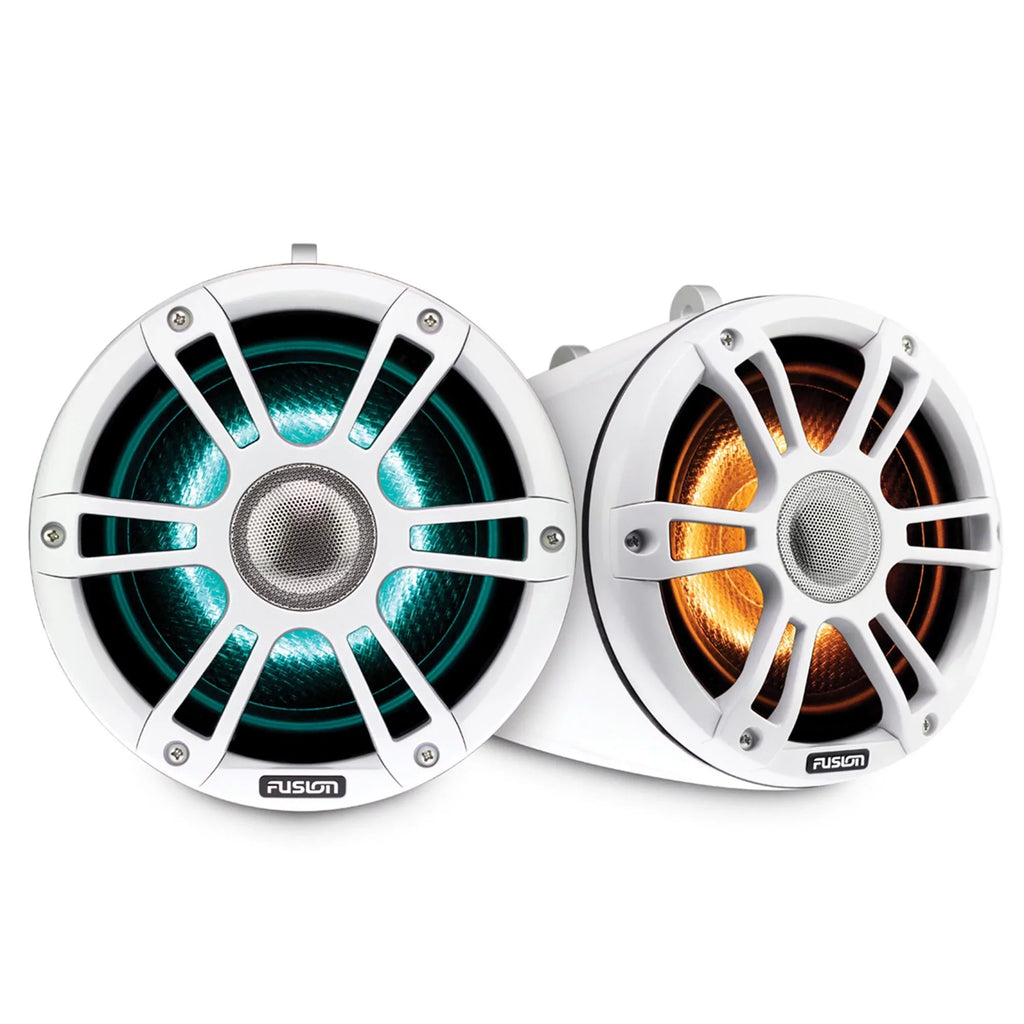 Fusion SG-FLT772SPW 7.7'' Sports White Tower Speaker with Swivel Clamps and SG-DA41400 4-Channel Amplifier