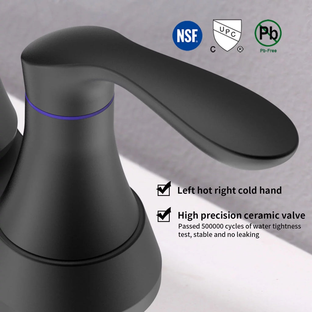 Kichae 6 millimeter Vanity Sink Faucet，2-Handle 360 Degree Swivel Bathroom Spout Centerset Faucet with Pop-up Drain & Supply Hoses，Matte Black