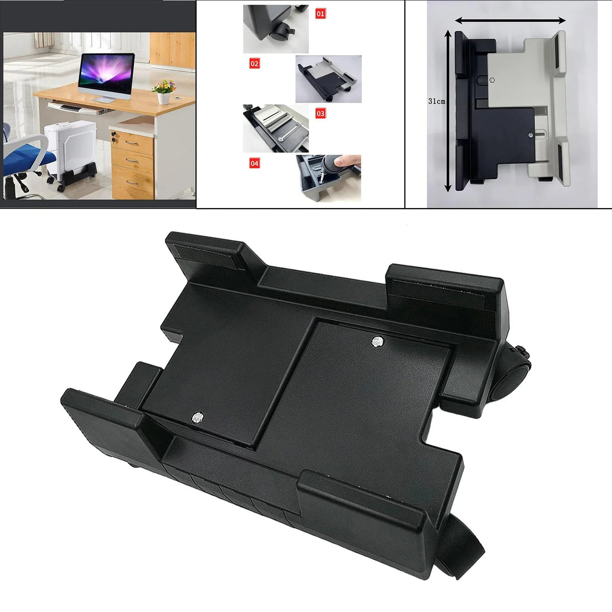 CPU Holder Mobile Computer Stand ;Rolls for Premium Fits Most Computer Cases ; Felts Pads on Clamps Black