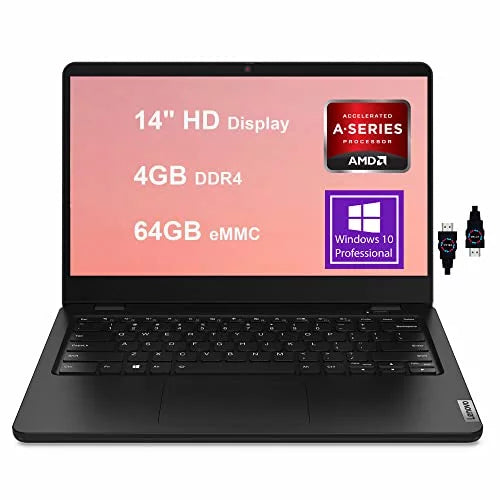 Lenovo Ideapad 14W Gen 2 14 Business Laptop | 14" HD Anti-Glare Display | AMD 3000 Series 3015e Processor | 4GB DDR4 64GB eMMC | AMD Radeon Graphic HDMI Win10 Pro Black + HDMI Cable