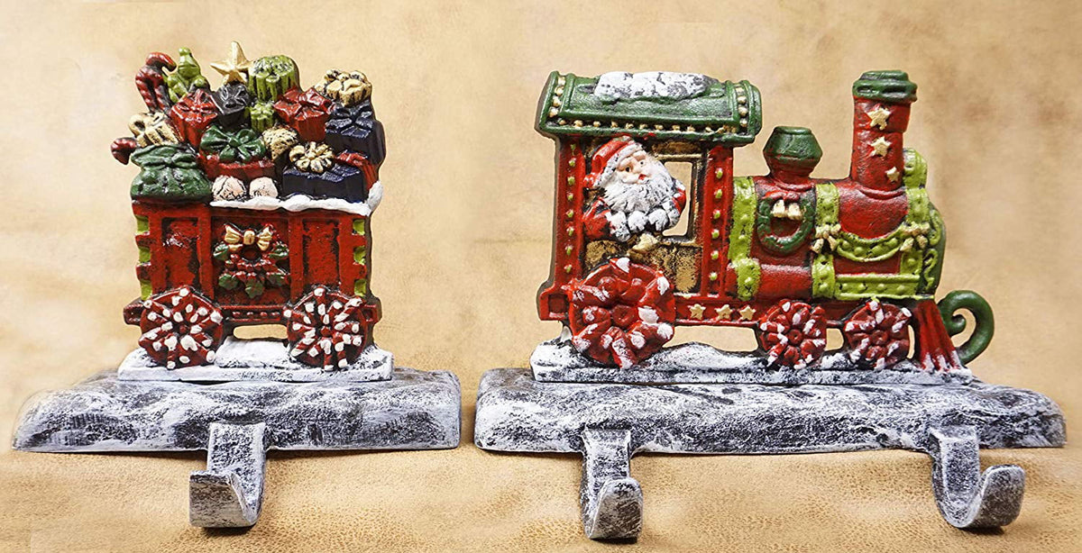LuLu Decor; 100% Cast Iron Christmas Stocking Holders; 2D Train Engine with 5 Rail carts; 7 Stocking Hooks; Beautiful & Strong Sturdy Heavy Hooks; Each Weighs Approx 3 lb (Combo Train 2D)