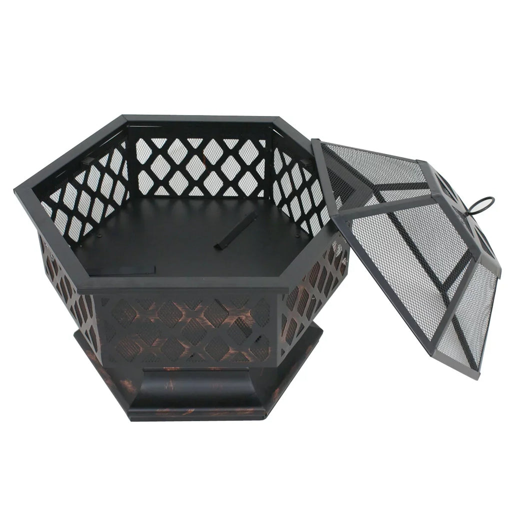 ZenSports 24’’ Outdoor Hex-Shaped Pire Pit - Portable Wood Burning Bonfire W/Mesh Lid; Backyard; Black