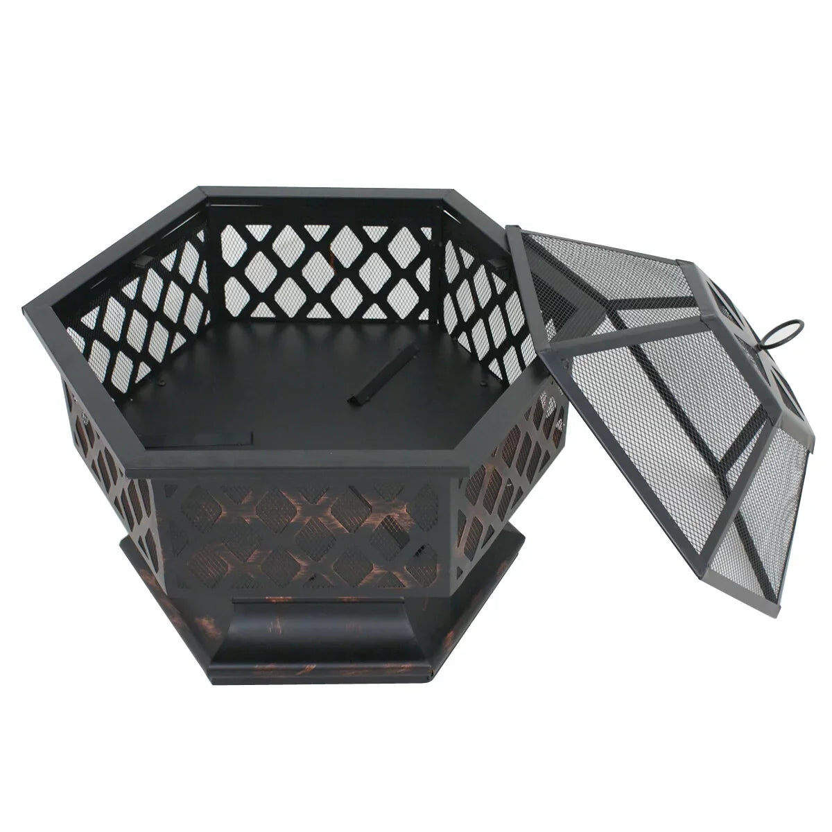 ZenSports 24’’ Outdoor Hex-Shaped Pire Pit - Portable Wood Burning Bonfire W/Mesh Lid; Backyard; Black