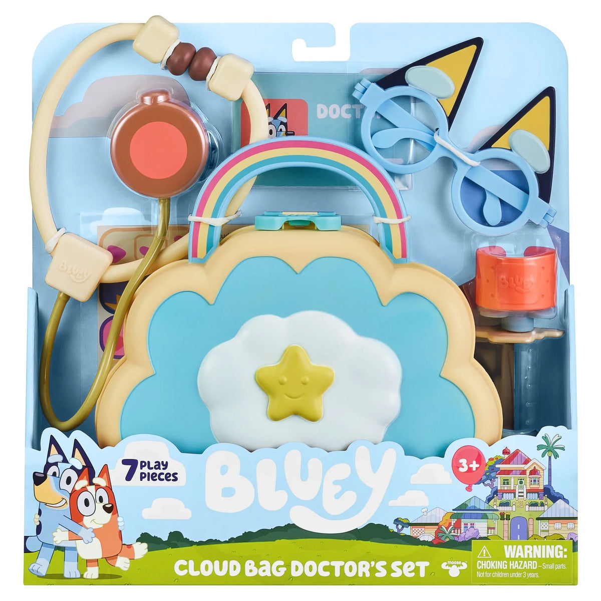 Bluey Cloud Bag Doctor's Set; Doctor Check Up Set; Toy Doctor's Playset with 7 Play Pieces; Stethoscope; Syringe; toy Bandage; Stickers; and more ; Preschool; Toys for Kids; Ages 3+