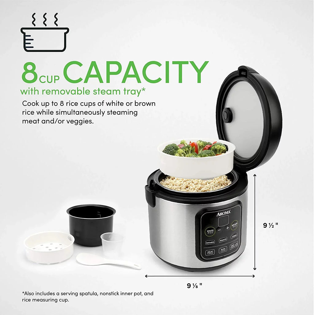Aroma Housewares ARC-994SB 2O2O model Rice & Grain Cooker Slow Cook; Steam; Oatmeal; Risotto; 8-cup cooked/4-cup uncooked/2Qt; Stainless Steel