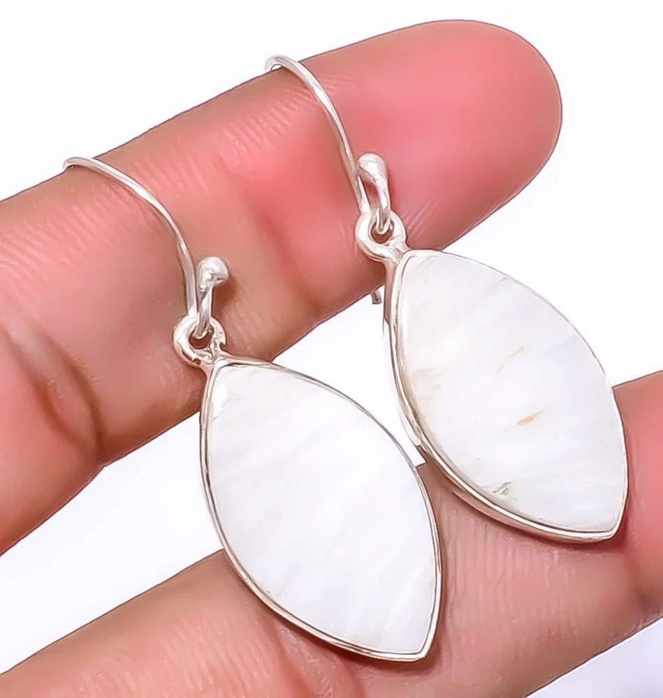 White Scolecite - India Gemstone 925 Silver Plated Jewelry Earring 1.76" A379; Valentine's Day Gift; Birthday Gift; Beautiful Jewelry For Woman