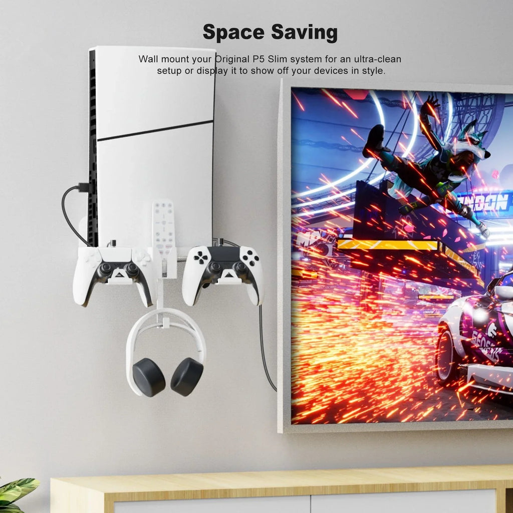 Durable Iron Wall Mount Bracket Set for PS5 Slim Space-Saving; Secure; and Convenient Storage with Dual Charging Cable