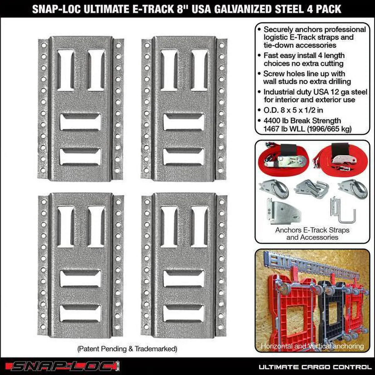 SNAP-LOC Fast-Track E-Track 8 foot 4-Pack USA Galvanized Steel Horizontal Vertical; Logistic Tie-Down for Pickups; Trucks; Trailers
