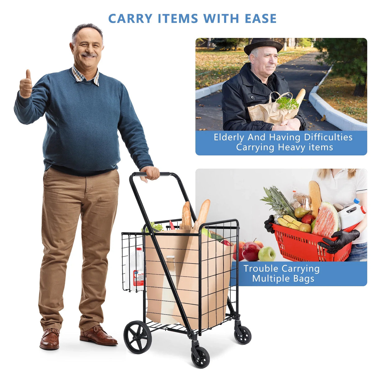 ZENY Folding Utility Shopping Cart with Double Basket and Wheels for Grocery Laundry Book Luggage Travel; Black