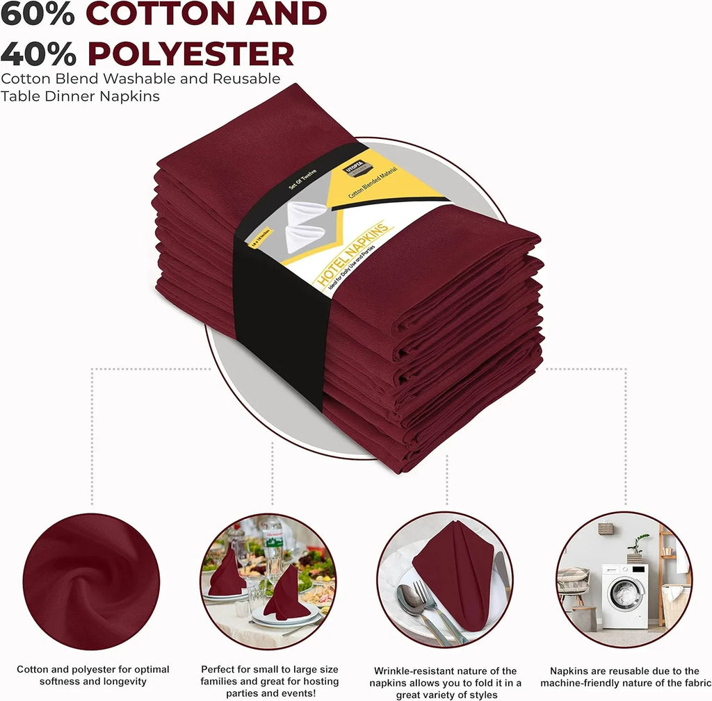 Utopia Kitchen Burgundy Cloth Napkins [12 Pack; 18x18 cm] Cotton Blend Washable and Reusable Table Dinner Napkins for Hotel; Lunch; Restaurant; Weddings; Event and Parties 18x18 cm Burgundy