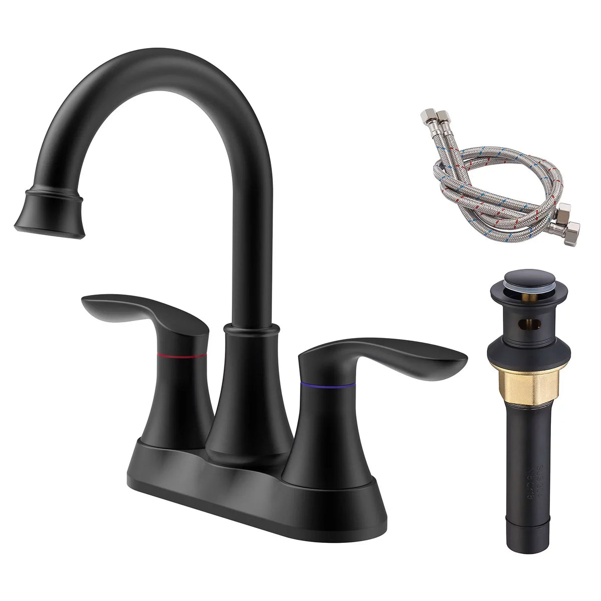 Kichae 6 millimeter Vanity Sink Faucet，2-Handle 360 Degree Swivel Bathroom Spout Centerset Faucet with Pop-up Drain & Supply Hoses，Matte Black