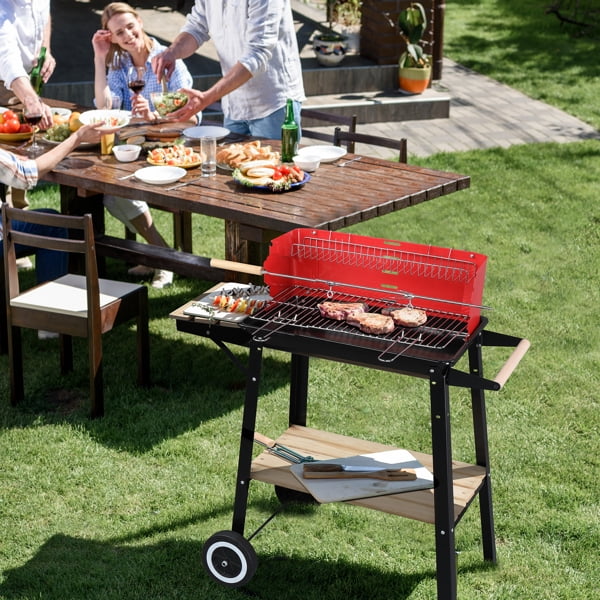 27 foot Portable Charcoal Grill with Wheels for Outdoor Cooking Barbecue Camping BBQ Coal Grill Heavy Duty Square for Small Patio Backyard
