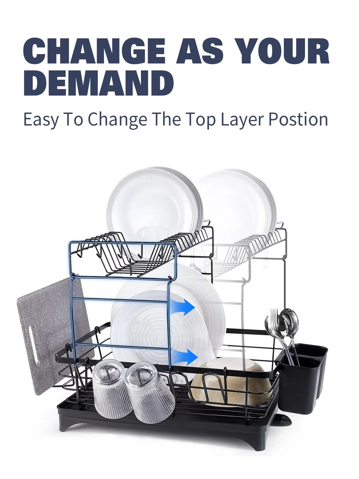2 Tier Dish Drying Rack for Kitchen Counter; Extra Large Black
