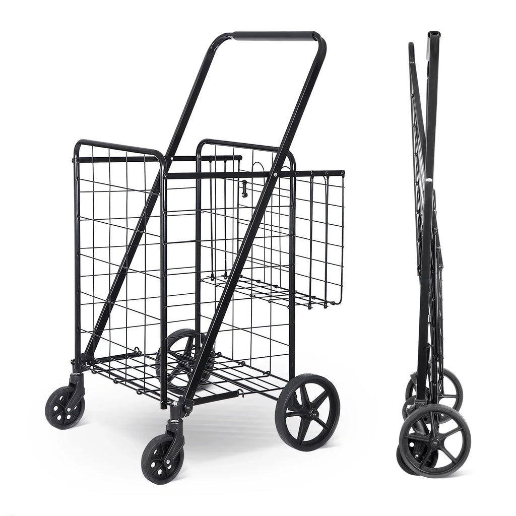 ZENY Folding Utility Shopping Cart with Double Basket and Wheels for Grocery Laundry Book Luggage Travel; Black