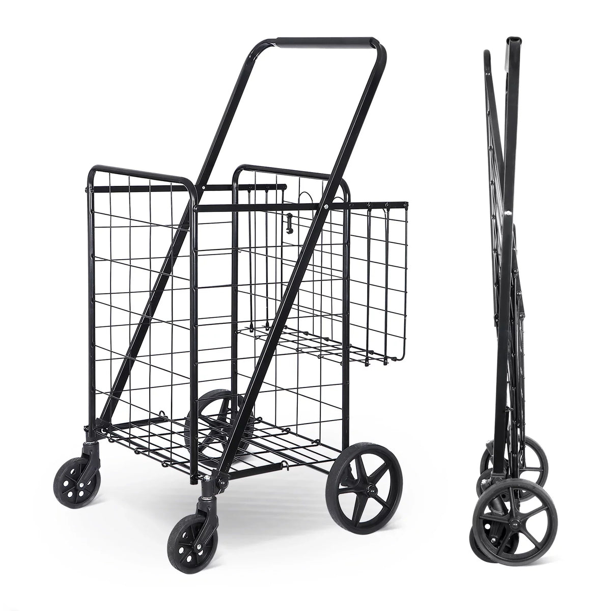 ZENY Folding Utility Shopping Cart with Double Basket and Wheels for Grocery Laundry Book Luggage Travel; Black