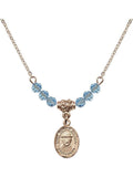18-cm Hamilton Gold Plated Necklace with 4mm Blue March Birth Month Stone Beads and Saint Damien of Molokai Charm