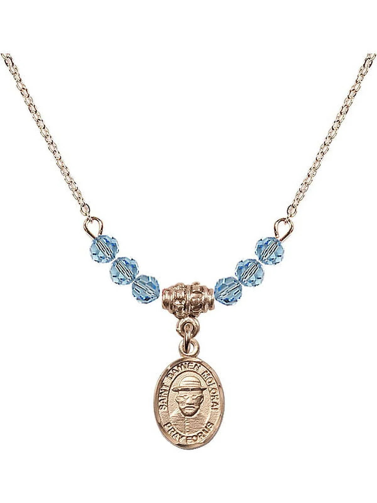 18-cm Hamilton Gold Plated Necklace with 4mm Blue March Birth Month Stone Beads and Saint Damien of Molokai Charm